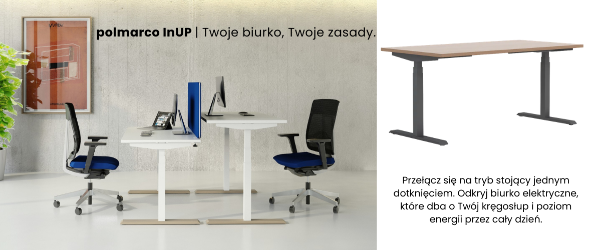 Nowoczesne biurko elektryczne InUP marki Polmarco z funkcją płynnej regulacji wysokości, wspierające ergonomię i zdrowy kręgosłup podczas pracy w trybie stojącym.