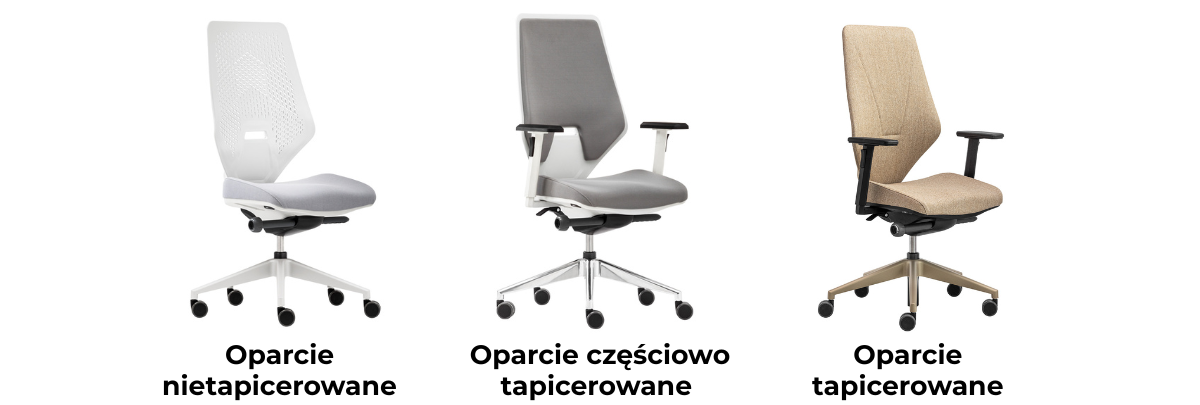 Zestawienie trzech wariantów oparcia fotela biurowego Vank V6: lekkie oparcie z tworzywa o geometrycznym wzorze, wersja z dodatkową tapicerowaną poduszką oraz model w pełni tapicerowany, prezentujące opcje konfiguracji polskiego fotela ergonomicznego.
