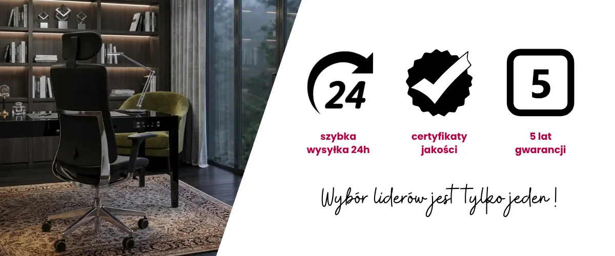 Ekskluzywny fotel biurowy Profim Violle 131SFL w wersji czarnej z polerowanym aluminium. Grafika podsumowująca korzyści: wysyłka w 24h, 5 lat gwarancji oraz certyfikat jakości dla prestiżowego gabinetu.