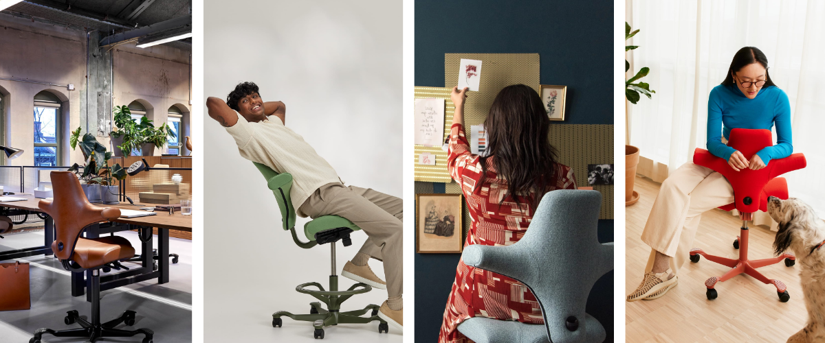 Ergonomiczny fotel HÅG Capisco 8106 w różnych aranżacjach wnętrz, prezentujący unikalne siedzisko siodłowe, dynamiczne pozycje siedzenia oraz nowoczesny design w przestrzeni biurowej i domowej.