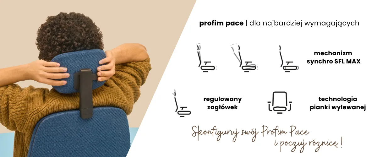 Infografika fotela Pace 101SFL MAX prezentująca regulowany zagłówek w zakresie 100 mm, zaawansowany mechanizm Synchro SFL z blokadą w 5 pozycjach oraz technologię trwałej pianki wylewanej o gęstości do 90 kg/m3.