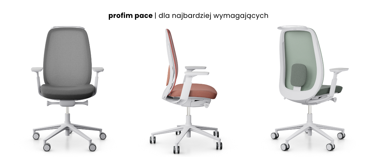 Prezentacja fotela ergonomicznego Profim Pace 150 SFL MAX: modele w nowoczesnej aranżacji oraz ikony techniczne mechanizmu Synchro SFL MAX i systemu SmartADLS w standardzie.