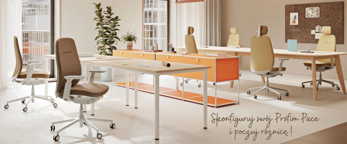 Grafika podsumowująca korzyści zakupu fotela Profim Pace 100SFL MAX: personalizacja w konfiguratorze, 5 lat gwarancji producenta, polska produkcja oraz darmowa dostawa do klienta.