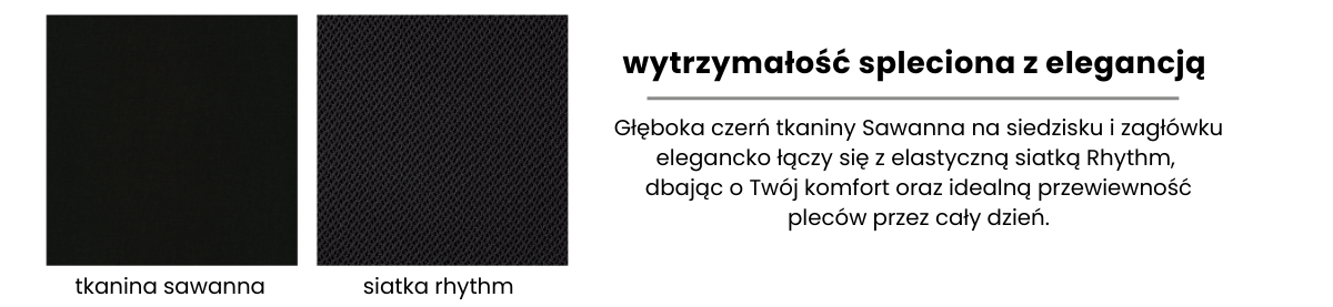 Detal fotela Bejot Belt: czarne siedzisko z tkaniny Sawana i przewiewne oparcie z siatki Runner.