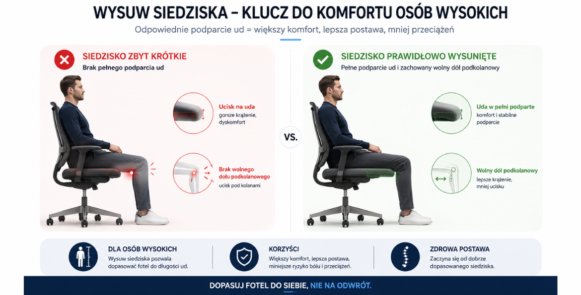 Prawidłowy wysuw siedziska w fotelu biurowym dla osoby wysokiej - schemat ergonomiczny
